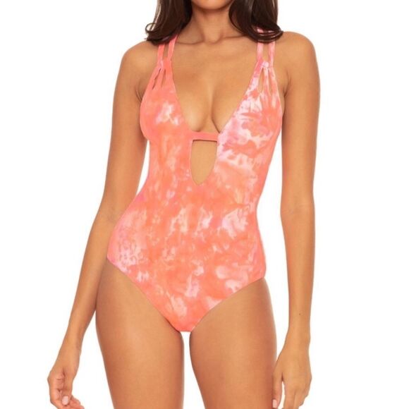 BECCA Crystal Skylar plunge one piece swimsuit Orange pink white tie dye - Picture 6 of 6